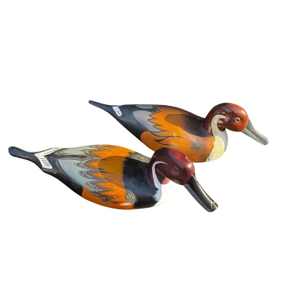 Vintage Pair 16.5” Pintail Wooden Carved Hand Painted Duck Decoy Glass Eyes